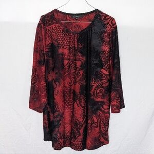 Calessa Red Black Velvet Tunic Top 3X Boho Gothic Paisley Mesh Sleeve Whimsigoth